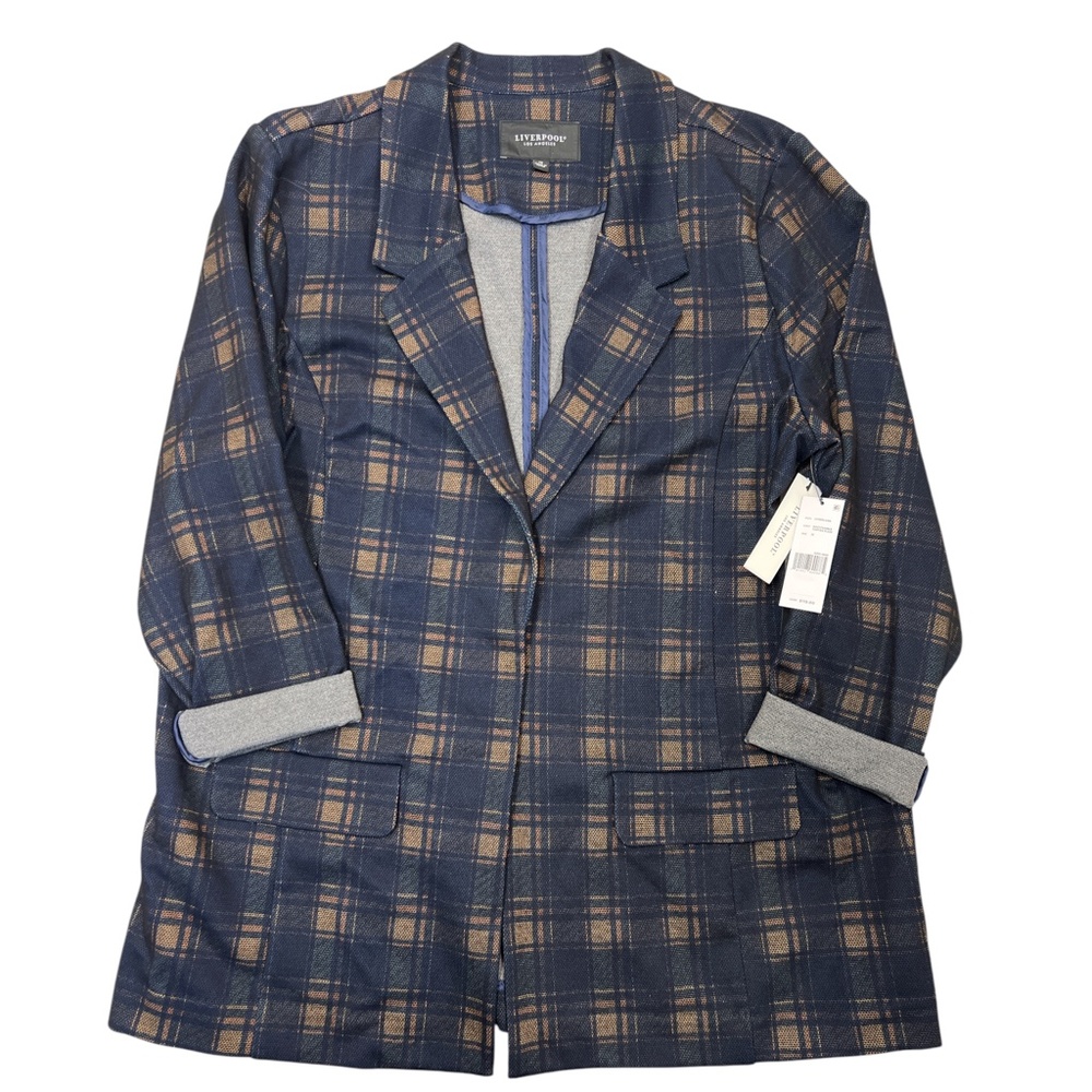 Liverpool Blazer Women 1X Navy Brown Tartan Plaid Relaxed Boyfriend Flap Pockets
